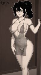 ai_assisted ai_generated armlet backless_outfit bare_legs bare_shoulders black_hair black_nails bracelet green_eyes mesh_clothing milf monochrome necklace renee_graves reneenjoyer silver_dress the_coffin_of_andy_and_leyley