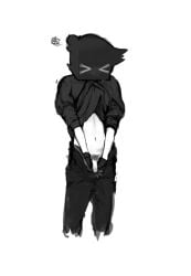 >_< 1boy anxious black_and_white blush box fooffle fully_clothed male pants_pulled_down penis shy skinny sweating toony