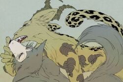 3:2 ambiguous_penetration antelope anthro beastars bodily_fluids bovid canid canine canis duo eye_scar facial_scar felid gazelle hi_res hybrid legoshi_(beastars) leopard leopard_spots licking male male/male mammal melon_(beastars) pantherine penetration saliva scar slpwk7_(artist) spots tattoo tongue wolf