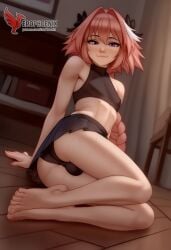 1boy 2d ai_generated ass bangs bare_shoulders barefeet big_ass black_bow bow braid bulge crossdressing crossdressing_male erection erection_under_clothes erophoenix feet full_body long_hair looking_at_viewer looking_back male male_focus multicolored_hair navel nude oerba_yun_fang otoko_no_ko pale_skinned_male patreon_username penis pink_hair purple_eyes single_braid smile soles solo solo_male spread_legs streaked_hair sweat thick thick_thighs toes uncensored underwear