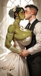 ai ai-created ai_art ai_generated big_breasts big_breasts big_breasts boobs_bigger_than_head breasts breasts bride dnd dnd_character dungeons_and_dragons gigantic_breasts huge_boobs huge_breasts huge_breasts kissing kissing orc orc_female tits_bigger_than_head wedding wedding_dress