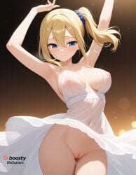 ai_generated armpits arms_up ass_visible_through_thighs bare_arms bare_shoulders blonde_hair blue_eyes blue_scrunchie blush breasts cleft_of_venus closed_mouth covered_navel covered_nipples cowboy_shot dress explicit female hair_between_eyes hair_ornament hair_scrunchie hayasaka_ai large_breasts looking_at_viewer navel no_panties pussy scrunchie see-through side_ponytail solo thighs white_dress