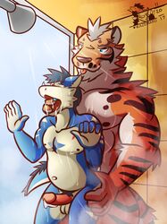 anthro dragon feline furry horn lin_hu male mammal muscular nekojishi penis shower tiger ventkazemaru yaoi