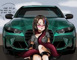 ahh blush bmw_m3_g80 brown_hair car closed_eyes dire_machine dire_vehicle drooling female feral flustered grabbing grabbing_from_behind grabbing_legs grabbing_neck kuusoneko lights living_machine looking_at_partner mechanophilia sentient_feral tagme tentacle tentacle_sex vehicle what what_are_you_doing,_step_bro?