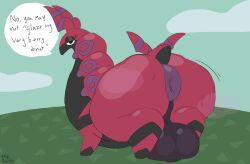 absurd_res anus arthropod backsack balls big_balls bodily_fluids countershading digital_drawing_(artwork) digital_media_(artwork) generation_5_pokemon genitals hi_res huge_balls hyper hyper_balls hyper_genitalia male musk musk_clouds nintendo pokemon pokemon_(species) puffy_anus quadruped rear_view scolipede solo sweat text