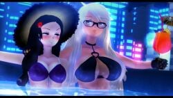 2girls 3d alma_armas anger_symbol anger_vein angry angry_face arm_around_partner beatrice_albert bikini black_hair blonde_hair blush blush bra dark-skinned_female dark_skin drink female female_only glasses gritted_teeth koikatsu large_breasts light-skinned_female light_skin long_hair looking_at_another ponytail pool smug smug_face smug_grin spiritofrei swimsuit va-11_hall-a