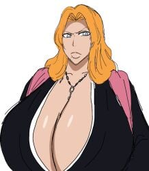 2d 2d_(artwork) angry angry_expression angry_face black_robe bleach blue_eyes breasts breasts_bigger_than_head chain_necklace chains digital_drawing_(artwork) digital_media_(artwork) female female_focus female_only japanese japanese_clothing japanese_female kissable_lips large_breasts light-skinned_female light_skin lips long_hair matsumoto_rangiku momiji_(artist) necklace orange_hair robe shihakusho shounen_jump white_background