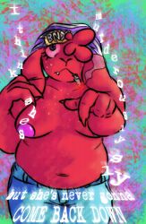 abstract_background anthro beanie belly bottomwear breasts clothed clothing denim denim_bottomwear denim_clothing domestic_rabbit drugs female freckles hat headgear headwear hi_res jeans lagomorph lazy_ruby leporid lop_rabbit mammal marijuana oryctolagus pants purple_eyes rabbit red_sclera ruby_mello_(dynamitegrizzly) slightly_chubby smoking solo text topless trans_(lore) trans_lore trans_woman_(lore)