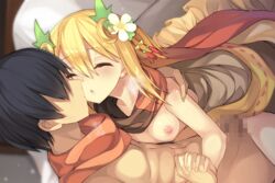 1boy black_hair blonde_hair blush breasts breath censored closed_eyes clothed_sex crescent crescent_hair_ornament dreamlight2000 female flower flower_knight_girl game_cg hair_flower hair_ornament hand_holding imminent_kiss interlocked_fingers katabami_(flower_knight_girl) mosaic_censoring nipples official_art scarf sex short_hair small_breasts