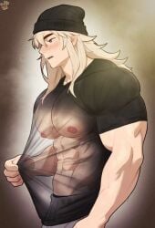 abs beanie beanie_hat biceps big_arms big_biceps big_pecs black_shirt eight_pack gay grey_sweatpants kingdom_velvet long_hair male male_only muscular muscular_male oc pecs shirt shirt_pull simple_background sweatpants v-line white_hair x-ray