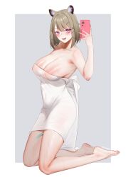 absurdres animal_ear_fluff animal_ears arknights breasts cellphone feet female hair_ornament hairclip highres holding holding_phone naked_towel nipples nude open_mouth phone purple_eyes selfie short_hair smartphone smile tail taking_picture towel utage_(arknights) von.franken