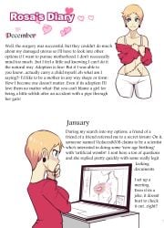 2d black_earrings blonde_female blush breasts curvy_female cyan_eyes diary dwps female heart light-skinned_female light_skin notebook oc original original_character red_shirt rosa_(dwps) scars_on_stomach searching small_breasts sweating text white_background