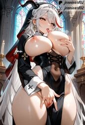 aegir_(azur_lane) ai_generated areolae azur_lane bangs bare_shoulders black_dress blush breast_curtains breast_grab breast_sucking breasts candle candlestand chandelier cleavage clothing covered_navel cross cross_earrings dress earrings female female female_masturbation female_only fingering grabbing_own_breast groping habit hair_ornament headdress headwear horns huge_breasts indoors jennieart02 jewelry large_breasts legwear licking licking_nipple long_hair long_sleeves masturbation multicolored_hair navel nipple_stimulation nipples no_bra nun open_mouth patreon patreon_logo patreon_username pelvic_curtain pussy red_hair saliva skindentation smile solo standing streaked_hair sweat thick_thighs thighhighs thighs tongue tongue_out twitter twitter_username vagina very_long_hair watermark white_hair wide_hips window yellow_eyes
