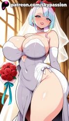 1girls 2025 ai_assisted ai_generated anime artist_name asymmetrical_bangs bangs bare_shoulders blue_eyes blue_hair blush bouquet breasts bridal_veil bride bust chest clothed_female cyberpunk:_edgerunners cyberpunk_(series) dress earrings elbow_gloves eyebrows_visible_through_hair female_focus female_only flower flower_ornament giant_breasts gloves gradient_hair hair_flower heavy_breasts hi_res high_quality high_resolution highres holding_bouquet holding_flower huge_boobs huge_breasts indoors jewelry looking_at_viewer lucyna_kushinada makeup massive_boobs massive_breasts multicolored_hair orange_flower patreon patreon_username pink_hair red_flower red_rose romantic romantic_ambiance rose rose_petals short_hair skypassion smile solo stable_diffusion strapless_dress thick_thighs thighs thorns vase veil watermark wedding wedding_dress wedding_veil white_dress white_gloves white_hair window