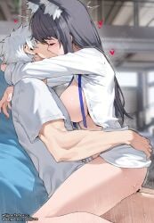 1boy animal_ears arknights black_hair blurry blurry_background breasts commentary commission english_commentary fanbox_username female highres indoors jjune large_breasts long_hair male motion_lines open_clothes open_shirt patreon_username pixiv_commission sex shirt short_hair sweat texas_(arknights) white_hair white_shirt wolf_ears wolf_girl