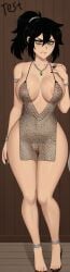 ai_assisted ai_generated armlet backless_outfit bare_legs bare_shoulders black_hair black_nails bracelet green_eyes mesh_clothing milf necklace renee_graves reneenjoyer silver_dress the_coffin_of_andy_and_leyley