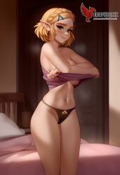 1girls 2d ai_generated ass big_ass big_breasts blonde_hair braid breasts cleavage erophoenix female female_focus full_body hairclip jewelry nipples nude pale_skinned_female patreon_username pointy_ears princess_zelda smile solo solo_female sweat tattoo the_legend_of_zelda thick thick_thighs uncensored undressing