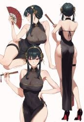 back_view black_dress black_hair cleavage fan firm_ass headband high_heels large_breasts metal_hairband qipao red_eyes revealing_clothes rucarachi solo solo_female spy_x_family thigh_band toned_legs various_poses yor_briar