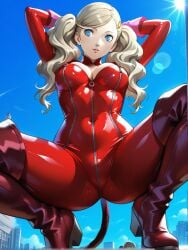 ai_generated ann_takamaki blonde_hair blue_eyes bodysuit breasts cowboy_shot falling_petals female hair_ornament hairclip highres holding large_breasts looking_at_viewer panther_(persona_5) persona persona_5 petals rcos red_background red_bodysuit solo twintails