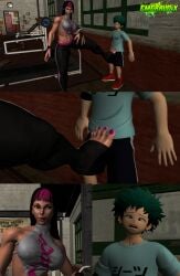 1boy 1girls 3d 3d_(artwork) against_surface against_wall alternate_costume asian big_feet black_hair boku_no_hero_academia capcom confrontation dominant_female domination exercise_equipment feet female femdom foot_domination forced forceful green_hair gym gym_clothes hair_down height_difference horny horny_female izuku_midoriya japanese juri_han korean licking_lips long_hair male messy_hair my_hero_academia older_female pink_fingernails pink_highlights pink_toenails rubbing_crotch secretly_loves_it self_upload shonen_jump shorter_male shorts stimulation street_fighter street_fighter_v submissive_male sweatpants taller_female taller_girl teasing teasing_with_feet thick_thighs tight_clothing toes toes_curled toned_female toned_stomach white_tank_top workout_clothes xnalara younger_male