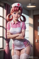 1girls ai_generated apron artist_name blue_eyes blurry blurry_background breasts closed_mouth cowboy_shot cross crossed_arms curtains dress earrings freckles garter_straps hair_rings hat hi_res indoors jewelry lips looking_at_viewer medium_breasts nintendo nose nurse nurse_cap nurse_joy panties patreon_username pink_dress pink_panties pokemon pokemon_(game) progenarts realistic red_hair ring short_sleeves smile solo standing thigh_gap thighhighs twintails underwear watermark web_address white_thighhighs window