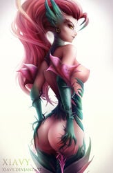 2017 ass breasts female flora_fauna hair humanoid league_of_legends looking_at_viewer looking_back mammal nipples plant red_hair riot_games sideboob simple_background solo thorns video_games xiavy yellow_eyes zyra