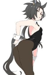 air_shakur_(umamusume) ass black_hair bunnysuit eyebrow_piercing female female_only horse_ears horse_girl horse_tail long_hair looking_at_viewer looking_back pantyhose short_hair_with_long_locks small_breasts solo tomboy tongue_out umamusume umamusume_pretty_derby yellow_eyes