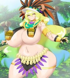 alternate_version_available big_breasts breasts breasts_bigger_than_head female huge_breasts kailyn kreativekailyn latin_american_mythology lucoa miss_kobayashi's_dragon_maid multicolored_hair mythology native_american native_american_clothing native_american_headdress quetzalcoatl_(dragon_maid) traditional_clothes