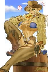 1girls abs big_breasts blonde blonde_female blonde_hair breast chaps cowboy_boots cowboy_hat cowboy_pants cowgirl elf elf_female female fit fit_abs fit_female food gun gun_holster hamburger logan0241 original original_character thighs