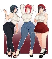 3girls alternate_breast_size alternate_costume arms_behind_head arms_up asymmetrical_hair averting_eyes bare_shoulders beret black_eyes black_hair black_pants blush braid braided_ponytail breasts buttons celebelian chainsaw_man cigarette collared_shirt denim ear_piercing embarrassed eyepatch female flying_sweatdrops gradient_background hair_ornament hairclip hand_on_own_cheek hand_on_own_face hat higashiyama_kobeni high_heels highres himeno_(chainsaw_man) holding holding_cigarette jeans jewelry large_breasts light_blush long_hair looking_at_viewer looking_to_the_side makima_(chainsaw_man) mary_janes mole mole_under_eye multiple_girls multiple_moles nose_blush pants parted_lips piercing pleated_skirt pom_pom_(clothes) ponytail red_hair red_skirt ring ringed_eyes shirt shoes short_hair simple_background skirt sleeveless sleeveless_shirt sleeveless_sweater sleeveless_turtleneck_sweater socks striped_clothes striped_shirt sweat sweater thick_thighs thighs turtleneck turtleneck_sweater twitter_username vertical-striped_clothes vertical-striped_shirt white_background white_shirt white_socks white_sweater wide_hips yellow_eyes