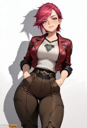 ai_generated arcane arcane_vi artist_name ass_visible_through_thighs bangs belt blue_eyes blush breasts brown_pants collarbone cowboy_shot female hair_ornament hairclip hands_in_pockets high_resolution highres jacket large_breasts league_of_legends looking_at_viewer open_clothes open_jacket pants parted_lips pink_hair red_hair red_jacket riot_games shadow shirt short_hair simple_background smile solo stable_diffusion vi waifuscans418 white_background zipper