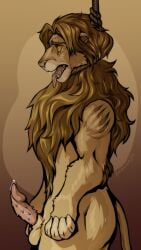 absurd_res animal_genitalia animal_penis arousal_focus aroused aroused_face aroused_male bodily_fluids eyes_rolled feral fur furry gallows genital_fluids genitals hair hanged hi_res kolkolukija mane mane_hair noose open_mouth penis rope scar scars_all_over tongue tongue_out yellow_body yellow_eyes yellow_fur yellow_sclera