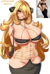 1girls anisdrawn bangs bangs_over_one_eye black_cape black_choker black_dress black_eyes black_eyeshadow blonde_female blonde_hair bracelet bracelets breasts chains choker cleavage curvy curvy_female curvy_figure cynthia_(pokemon) dress eyeshadow female game_freak hair_over_one_eye large_breasts light-skinned_female light_skin long_hair meme meme_attire milf modakawa_dress nintendo older_female pokemon pokemon_(series) pokemon_dppt_(anime) sidelocks solo_focus straps_across_chest thick_thighs voluptuous voluptuous_female wide_hips