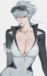 1girls armwear bbw beauty_mark beauty_mark_on_breasts big_breasts black_eyes bodysuit boobs_bigger_than_head boruto:_naruto_next_generations breasts breasts_bigger_than_head breasts_out busty cleavage eluspac_maru exposed_breasts female female_focus female_only gender_transformation genderswap_(mtf) goggles goggles_on_head grey_hair hatake_kakashi hi_res high_resolution highres hips hourglass_figure jacket kakashi_hatake large_breasts light-skinned_female light_skin looking_at_viewer mature mature_female medium_hair milf naruto naruto:_the_last naruto_(classic) naruto_(series) naruto_shippuden no_bra pale-skinned_female pale_skin pinup pose posing presenting_breasts racing_suit red_eyes rule_63 scar sharingan shonen_jump shoulder_length_hair shounen_jump shueisha silver_hair solo solo_female solo_focus spiky_hair standing tight_clothing tomboy very_high_resolution voluptuous voluptuous_female weekly_shonen_jump weekly_shounen_jump wide_hips