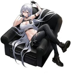 arm_belt arm_strap arm_up armpits azur_lane bandaged_arm bandages bare_shoulders belt black_choker black_footwear black_gloves black_pants boots breasts cg chair chest_harness chest_strap choker cleavage closed_mouth clothing_cutout collarbone crop_top crossed_legs cuffs female full_body gloves grey_hair gun hair_between_eyes handcuffs handgun harness holding large_breasts long_hair looking_at_viewer midriff mole mole_on_breast mole_under_eye navel official_alternate_costume official_art pants police_badge pouch reclining red_eyes scar shirt sidelocks silver_hair sitting sleeveless sleeveless_shirt snap-fit_buckle sneakers solo sovetskaya_rossiya_(azur_lane) sovetskaya_rossiya_(the_lackadaisical_lookout)_(azur_lane) stomach tank_top thigh_strap torn_clothes torn_pants transparent_background very_long_hair weapon white_hair white_shirt white_tank_top