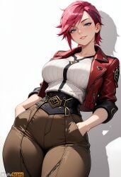 ai_generated arcane arcane_vi artist_name bangs belt blue_eyes blush breasts brown_pants cowboy_shot female hair_ornament hairclip hands_in_pockets high_resolution highres jacket large_breasts league_of_legends looking_at_viewer open_clothes open_jacket pants parted_lips pink_hair red_jacket ribbed_shirt riot_games shirt short_hair simple_background smile solo stable_diffusion vi waifuscans418 white_background white_shirt
