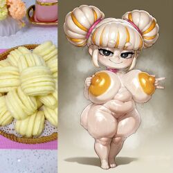 ai_generated ass big_areola big_ass big_breasts black_eyes breasts chubby cute female kungfood nude personification_of_food shortstack smile steamed_bun_roll white_body white_hair white_skin yellow_nipples