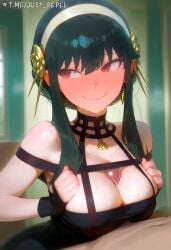 1boy ai_generated bare_shoulders black_dress black_gloves black_hair blush breasts breasts_squeezed_together cleavage closed_mouth clothed_female_nude_male dress earrings female fingerless_gloves flower gloves gold_earrings hair_flower hair_ornament hairband jewelry just_pepel large_breasts long_hair male_pubic_hair nose_blush nude paizuri paizuri_under_clothes penis pubic_hair red_eyes short_hair_with_long_locks sidelocks smile solo_focus spy_x_family straight sweat uncensored yor_briar yor_forger