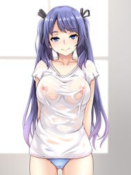 areolae arms_behind_back blue_eyes blue_hair blue_panties breasts cameltoe collarbone female hair_ribbon highres john_doe_shinobu long_hair medium_breasts nipples no_bra no_pants original panties ribbon see-through shirt smile solo t-shirt twintails underwear wet wet_clothes white_shirt