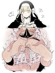 ? absurdres bar_censor black_veil bottomless braid breast_sucking breasts censored female highres kankaku_shadan long_hair n_(m_ohkamotoh) nipple_stimulation nipples nun original pussy solo spoken_question_mark tentacle tentacle_pit tentacle_sex vaginal_penetration veil wet