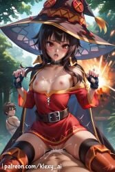 1boy ai_generated bandaged_leg bandages bangs belt black_gloves black_hair blush boots breasts brown_hair cape cowgirl_position cum cum_in_pussy cum_on_body dress explosion female fingerless_gloves gloves hat looking_at_viewer male megumin nipples open_mouth outdoors red_dress red_eyes sex short_hair short_hair_with_long_locks small_breasts solo_focus straddling straight thighhighs vaginal_penetration witch_hat