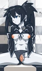 1girls bikini_top black_hair black_panties black_pubic_hair black_rock_shooter black_rock_shooter_(character) blue_eyes long_hair pale-skinned_female pale_skin panties panties_aside pink_nipples pink_pussy pubic_hair pussy solo spread_legs takane_(lovehatsune) twintails vagina