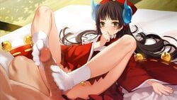 1boy bell blush brown_hair decensored eiyuu_senki erection eyebrows_visible_through_hair feet female footjob footjob_with_legwear game_cg himiko_(eiyuu_senki) japanese_clothes jingle_bell legs long_hair long_legs lying miko no_panties no_shoes on_back ooyari_ashito penis photoshop socks solo_focus straight tabi tenco thighs toes veins veiny_penis yellow_eyes