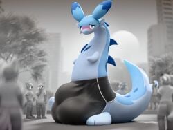 3d_(artwork) 4:3 ambiguous_gender anthro being_watched big_bulge blue_body blush bottomwear bulge chillet clothed clothing crowd detailed_background detailed_bulge digital_media_(artwork) electronics embarrassed female feral group hi_res huge_bulge hyper hyper_bulge looking_at_another male pal_(species) palworld phone pocketpair public public_exposure shorts size_difference tooeks walking
