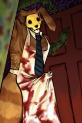 analog_horror anthro armpits below_view blood blood_stain color erection erection_under_apron erection_under_clothes furry horror lorenzo_waterman_(the_walten_files) male male_only precum precum_drip precum_through_clothing pumpkin_rabbit_(the_walten_files) rabbit scary suggestive the_mysterious_house the_walten_files wafflesbun