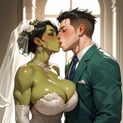 ai-created ai_art ai_assisted ai_generated big_breasts big_breasts boobs_bigger_than_head breasts breasts bridal_gown bride dnd dungeons_&_dragons dungeons_and_dragons gigantic_breasts huge_boobs huge_breasts huge_breasts kissing kissing orc orc_female orc_girl tits_bigger_than_head wedding wedding_dress