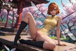 1girls ai_generated anus architecture arm_support artist_name atlus bare_arms bare_shoulders black_socks blue_eyes breasts brown_hair bug butterfly cherry_blossoms closed_mouth covered_navel day east_asian_architecture fairy fairy_wings feet female full_body gallica hair_between_eyes hair_over_one_eye hairband hi_res highleg_leotard insect_wings knee_up kneehighs legs leotard lips looking_at_viewer medium_breasts metaphor:_refantazio no_shoes nose orange_hair outdoors petals pointy_ears pussy r34arts short_hair sitting sky sleeveless socks solo spread_legs tree uncensored wings yellow_leotard