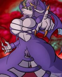 4:5 5_fingers anthro big_breasts bovid breasts capcom caprine clothing cosplay crossover crossover_cosplay darkstalkers female fingers fur genitals gesture goat grey_body grey_fur hair hand_gesture hi_res humanoid_hands jedah_dohma mammal mature_anthro mature_female pointing pointing_at_viewer pubes purple_hair pussy rhok'zan_(sucker_for_love) sketchybug solo sucker_for_love torn_clothing wings