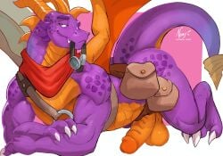 activision aged_up anthro balloonist_spyro balls biped clothing cute_fangs erection eyebrows fangs genitals glans hi_res horn looking_at_viewer male negy orange_body penis purple_body purple_tail simple_background solo spyro spyro_the_dragon tail teeth wings