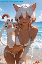 1girls 8k ai_generated background beach bikini bikini_bottom bikini_top black_claws cat_ears cat_paws cat_tail dark-skinned_female fangs female fur high_resolution medium_breasts open_mouth patreon red_eyes red_hair sand sfw tongue_out upper_teeth_only water watermark white_bikini white_fur white_hair